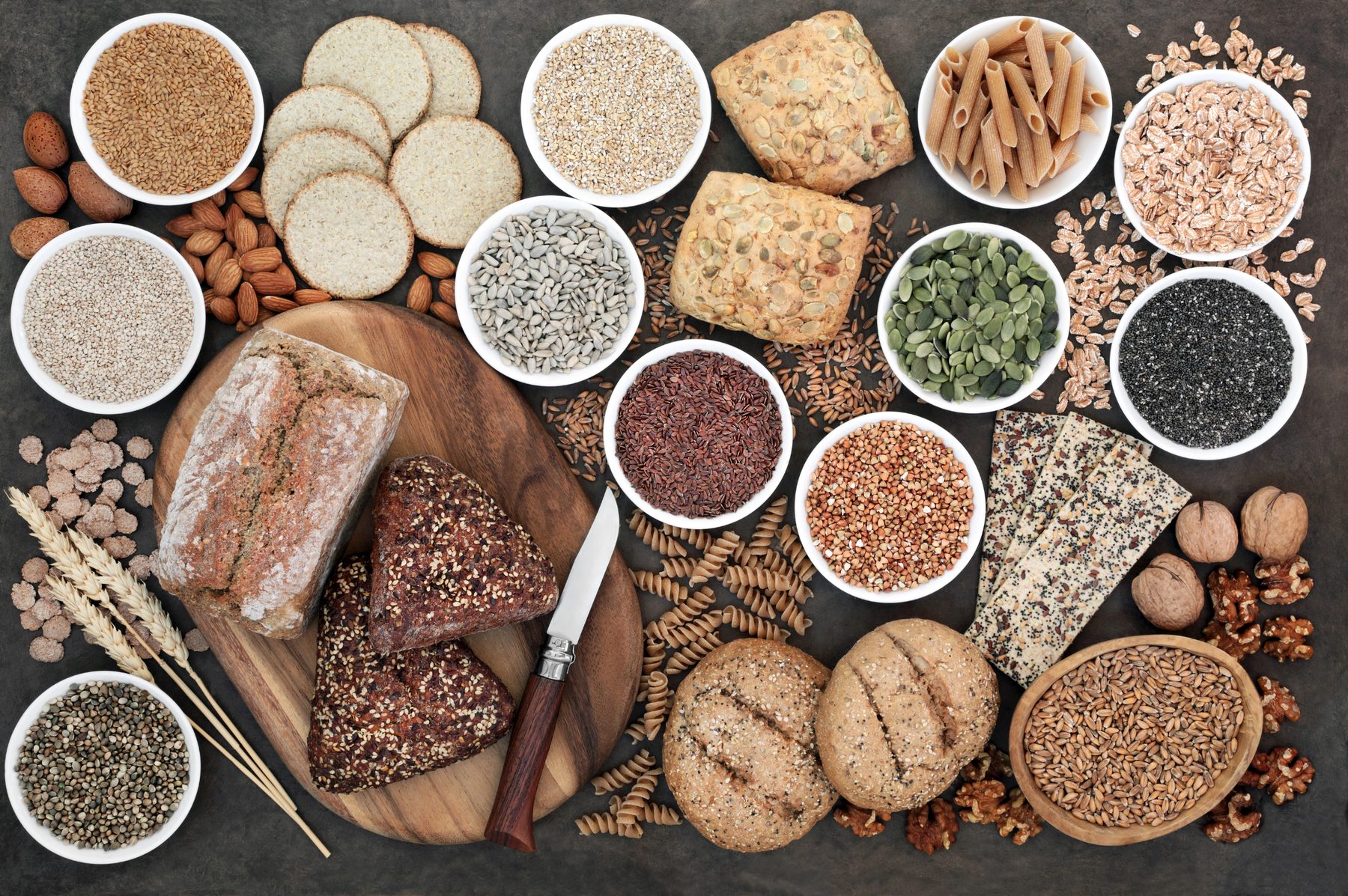 Wholegrain breads, seeds, nuts and grains