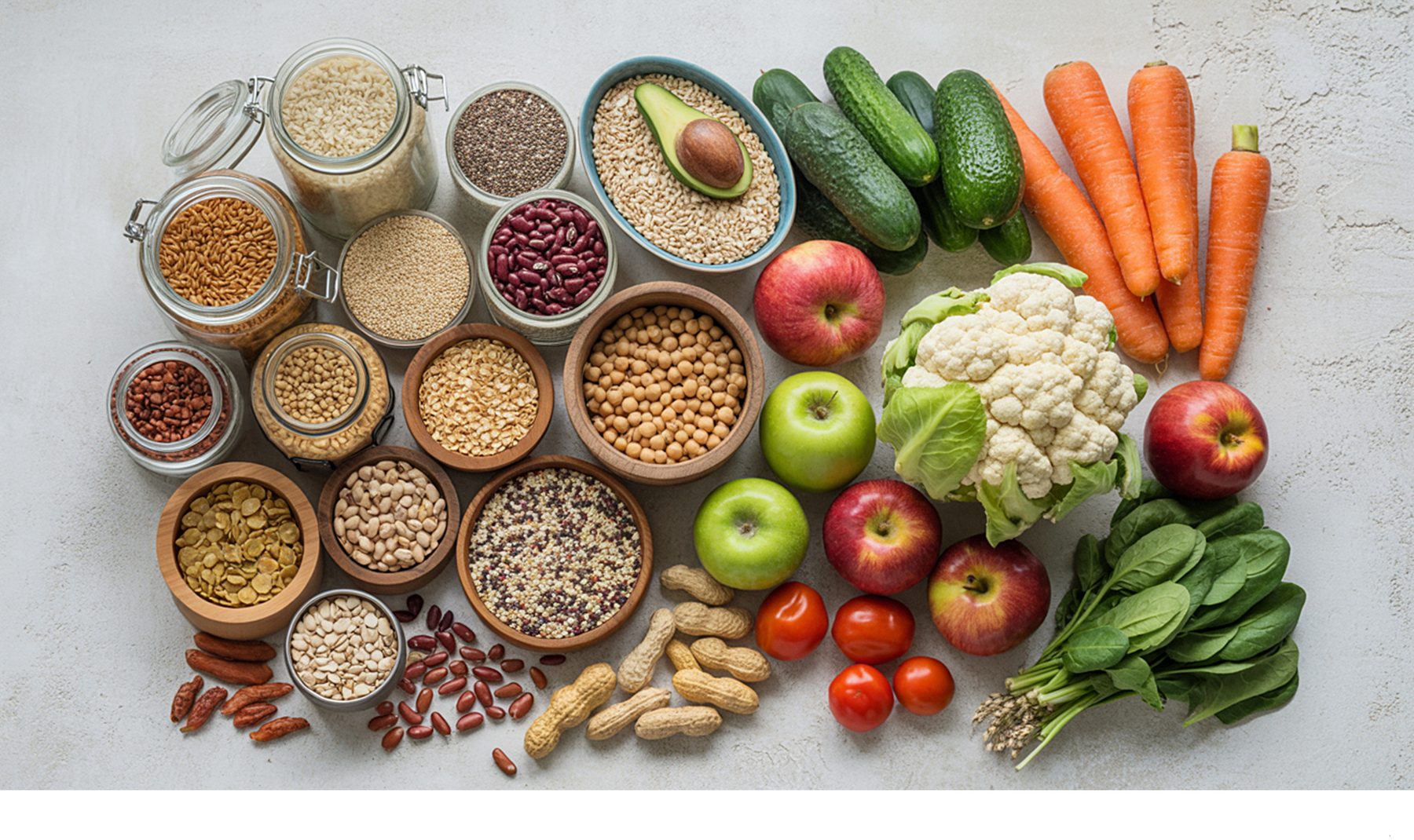 A varied spread of grains, pulses, fruit and vegetables